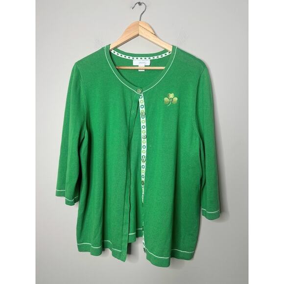 Vintage CJ BANKS Size 1X St Patricks Day Green Cardigan Sweater Clover Irish - Picture 1 of 9
